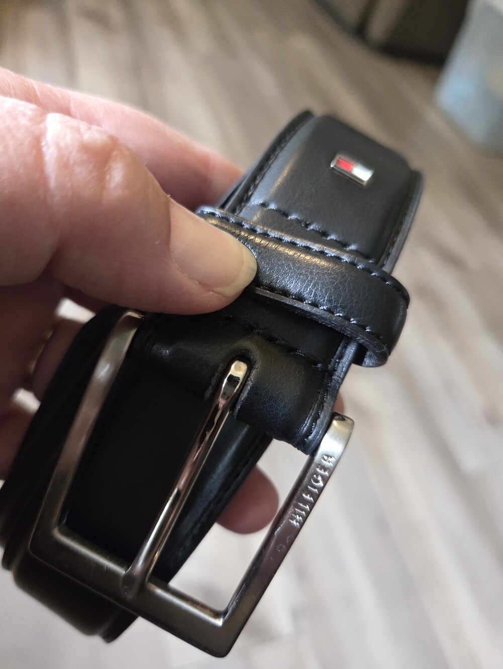 Tommy Hilfiger Black Leather Belt with Silver Buckle